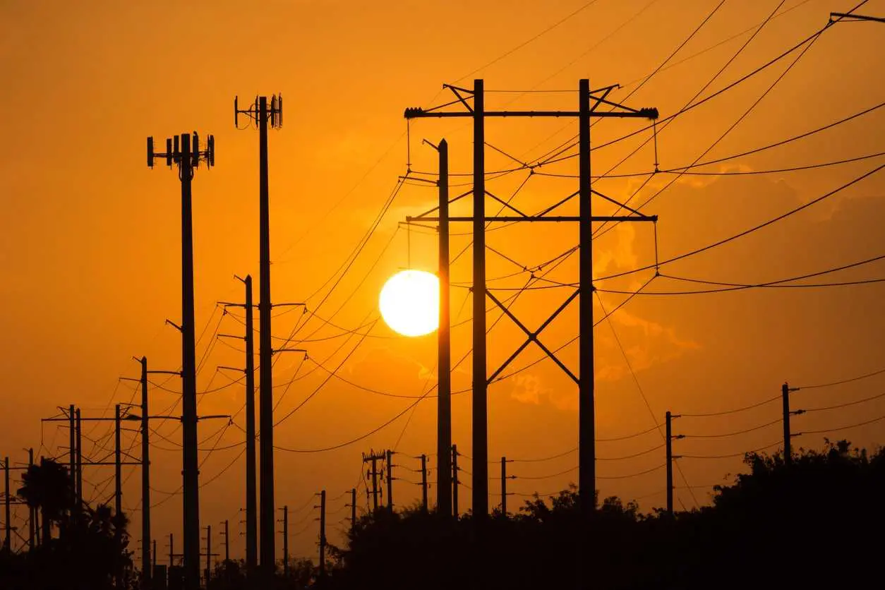 Power lines against a sunset